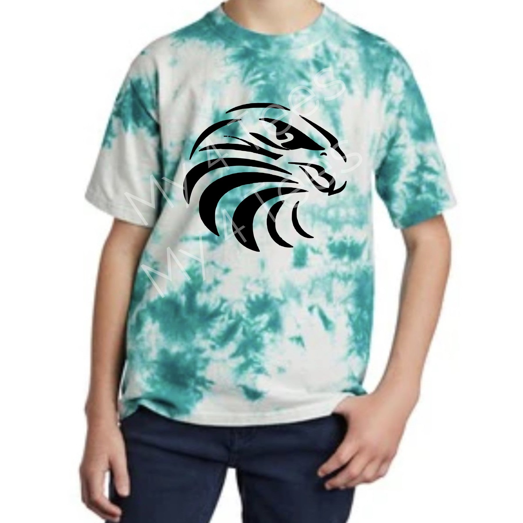 SCHOOL SPIRIT SHIRT  |  FALCON HEAD on teal/white tie-dye shirt  |  Adult & Youth sizes