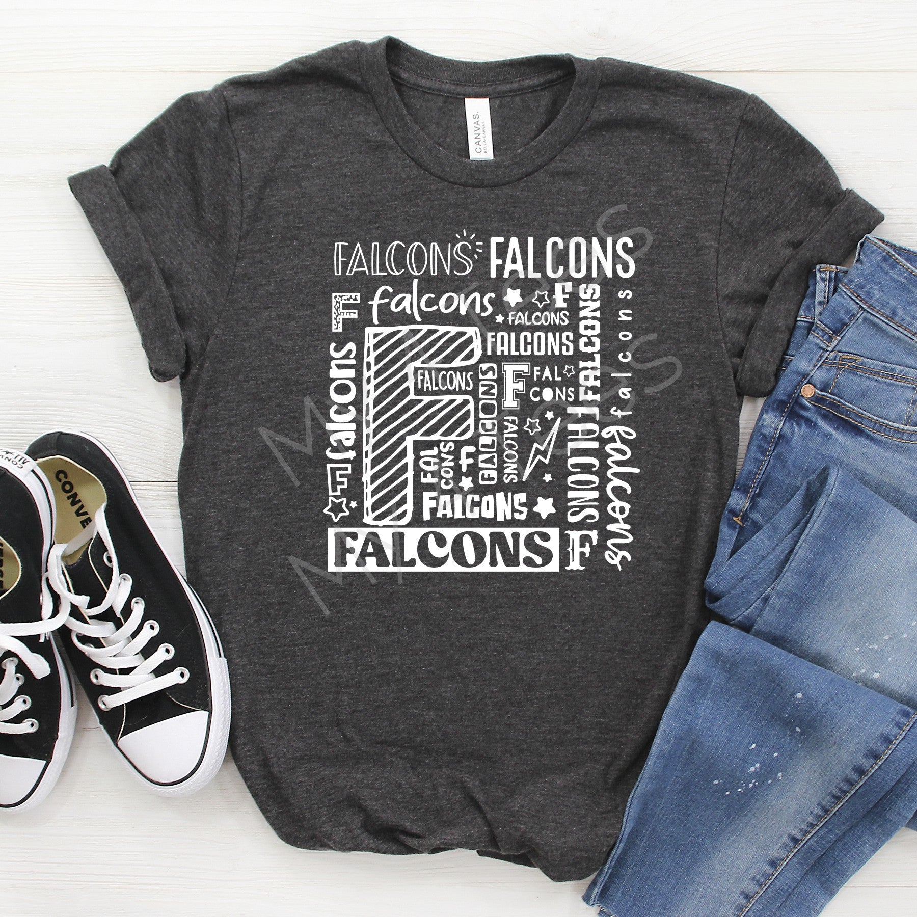 SCHOOL SPIRIT SHIRTS  |  FALCONS busy design in BLACK or DARK GREY  |  Adult & Youth sizes