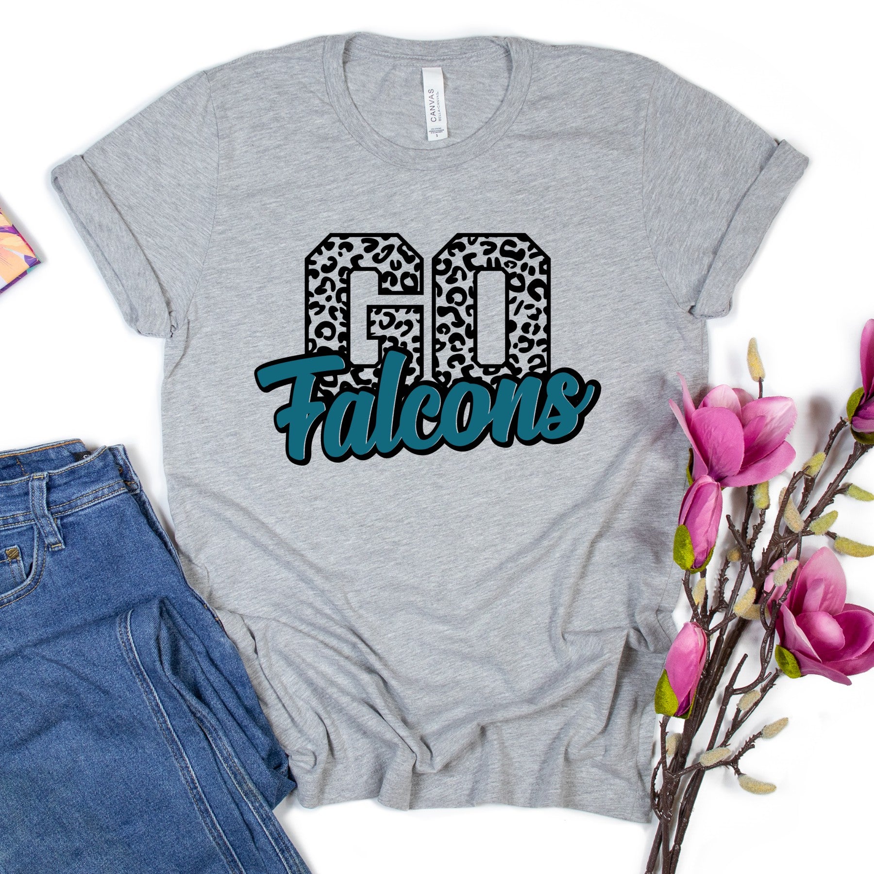 SCHOOL SPIRIT SHIRT  |  GO Falcons Leopard shirt in WHITE, GREY or BLACK  |  Adult & Youth sizes