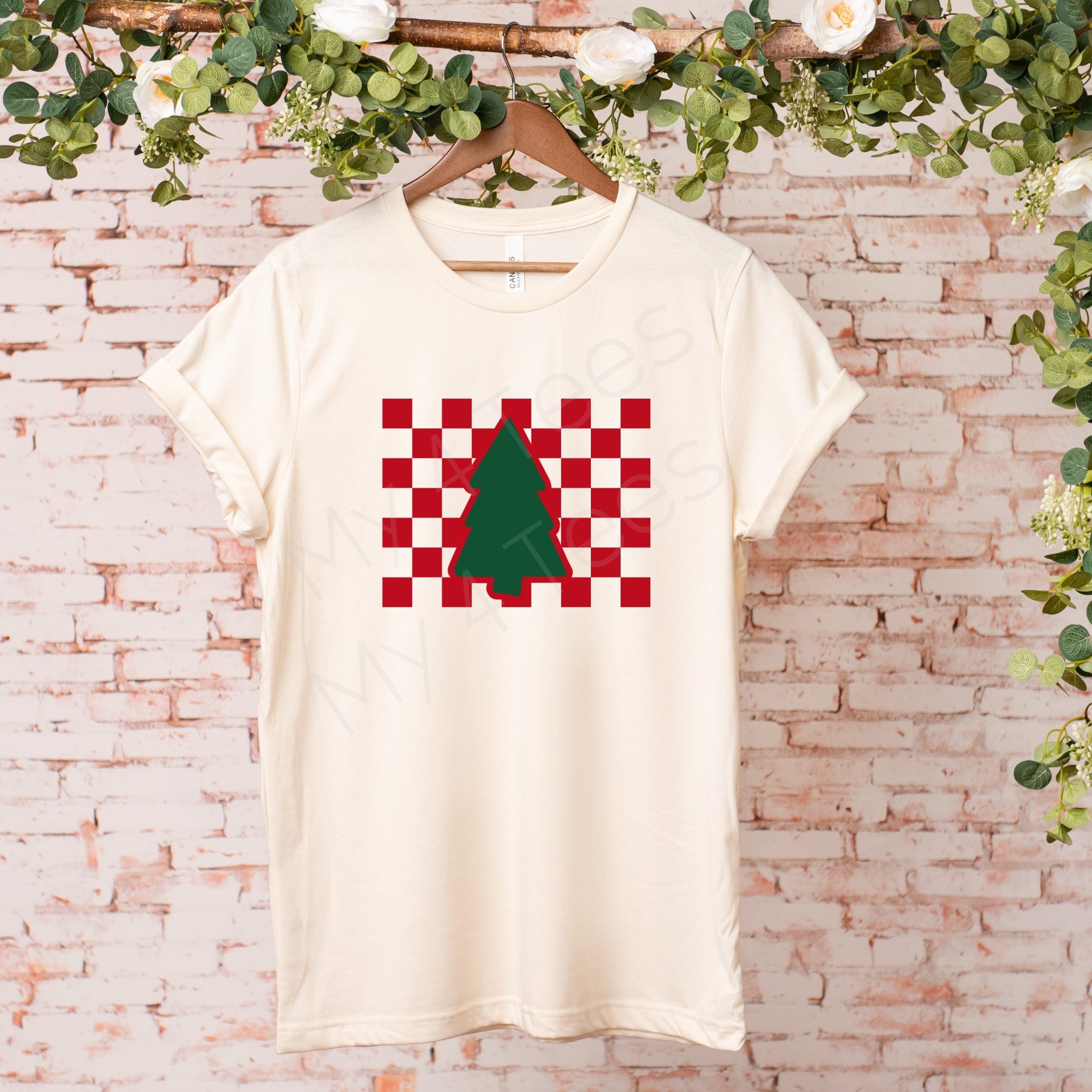 Christmas tree holiday graphic tee in Cream  |  Checkerboard tree Christmas t-shirt in youth & adult sizes