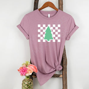 Christmas tree checkerboard tee in Orchid  |  Holiday tree t-shirt in adult sizes