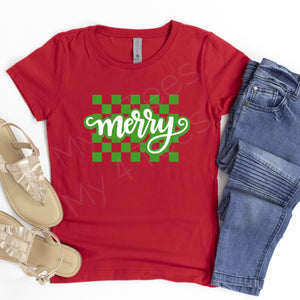"merry" Christmas graphic tee in red  |  "merry" holiday sweatshirt in red  |  youth & adult sizes
