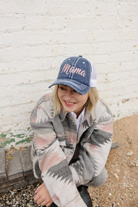 Mama navy & white distressed two-tone hat - Rose Gold word