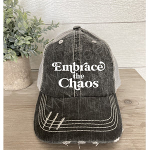 Embrace the Chaos distressed two-tone vintage trucker hat
