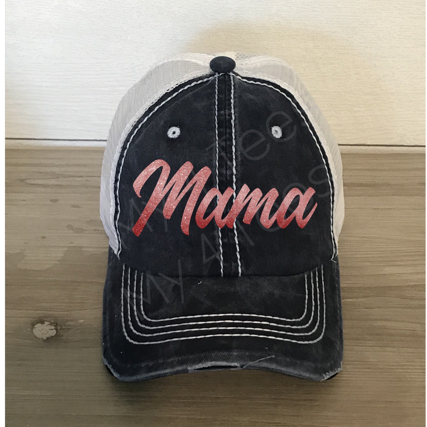 Mama navy & white distressed two-tone hat - Rose Gold word