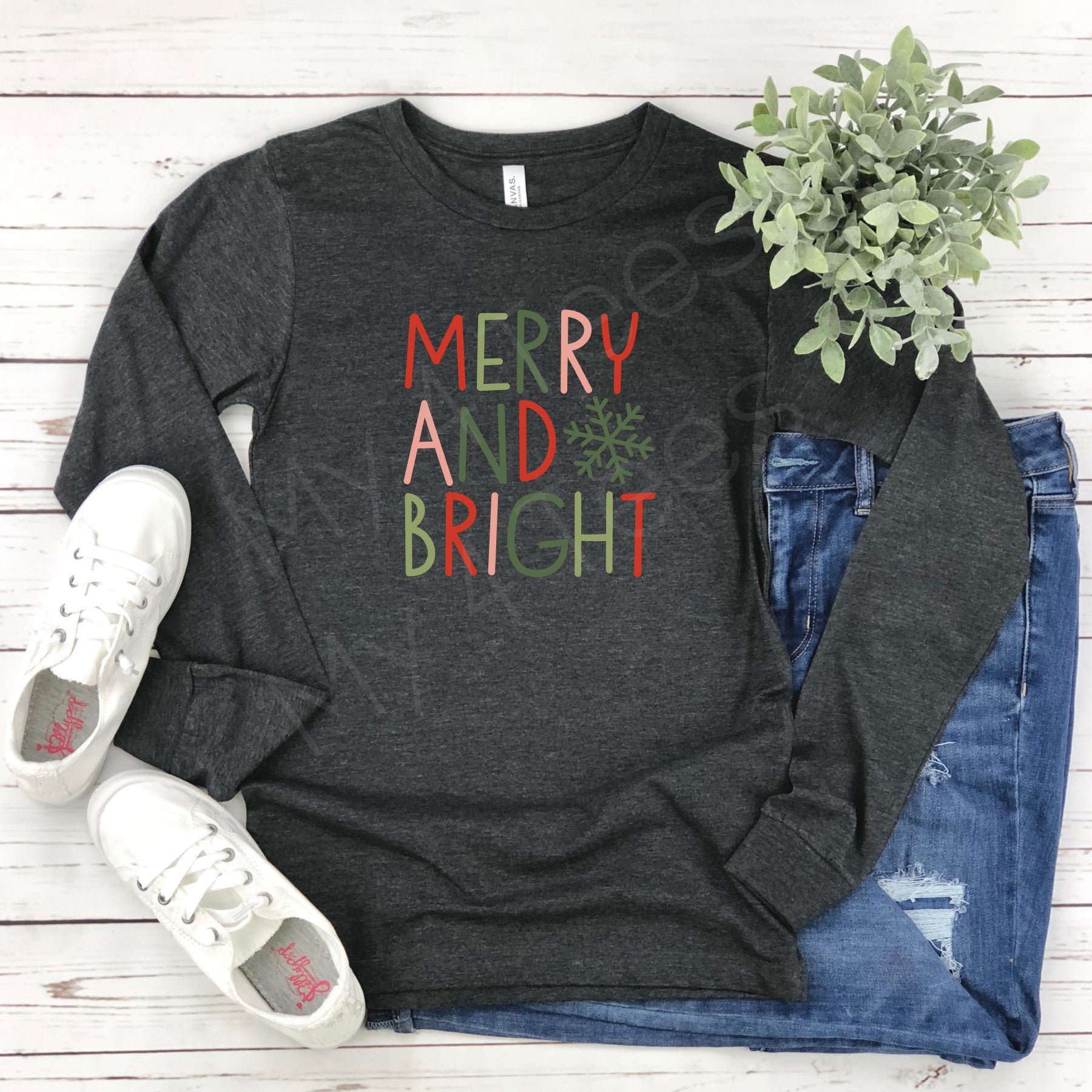 Merry & Bright Holiday Dark Grey Shirt  |  Adult long Sleeve Christmas tee